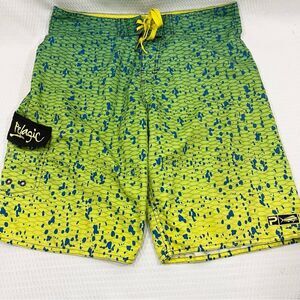 Pelagic Board Shorts Mens 32 Green Yellow Dorado Fishing Boating Swim Trunks